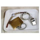 ESTATE WATCHES, CIGARETTE TIN, WHISTLE