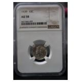 1939 P MERCURY DIME 90% NGC AU58