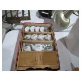 VTG JAPAN MINIATURE TEA SET W/ WOOD DOLL HUTCH
