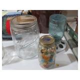 OLD JARS CHICKEN FEEDER & GLASS JAR & MARBLES