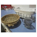 METAL BASKET , WOVEN BOWL & GLASS CREAMER