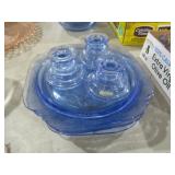 INDIANA GLASS RECOLLECTION BLUE PLATES & CANDLEHOL