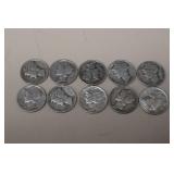 (10) MERCURY DIMES VARIOUS DATES & MM 90%