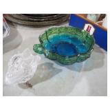JEANETTE GLASS BL/GRN DISH & CRYSTAL SWAN DISH