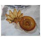 MURANO STYLE AMBER DISH & INDIANA GLASS CANDLEHOLD