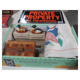 VTG WOOD BOX, DUCK ORNAMENTS & EMBROIDERD TBL CLOT