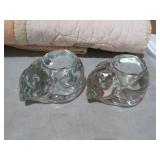 (2)SLEEPING CAT HEAVY ART GLASS CANDLEHOLDERS