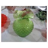 VTG GREEN HOBNAIL CRIMPED VASE