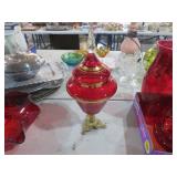 VTG ITALIAN EMPOLI RUBY RED GLASS LIDDED COMPOTE