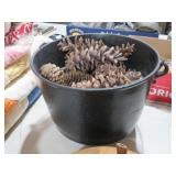 CAST IRON POT W/ HANDLE & PINE CONES