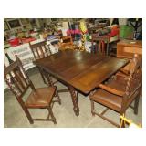 ANTIQUE DINING TABLE WITH FOUR SPINDLE LEG CHAIRS