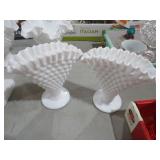 PAIR MILKGLASS HOBNAIL FAN VASES