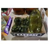 4 DANSK GREEN GLASS CANDLE HOLDERS & GREEN CANDY D