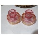 PINK/YELLOW ART GLASS CANDLE HOLDERS