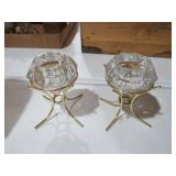 GLASS DIAMOND CANDLE HOLDERS ON BRASS STANDS
