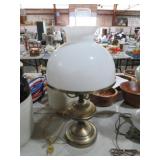 VTG BRASS TBL LAMP W/ GLASS SHADE & STACK