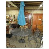 WROUGHT IRON PATIO TBL W/(4) CHAIRS,UMBRELLA&STAND