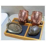 SILVER PLATE PIG BANK, PARIS TRAY & COPPER MUGS