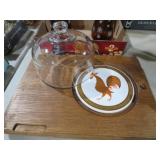 MCM WOOD CHEESE BOARD WITH ROOSTER TILE AND DOME