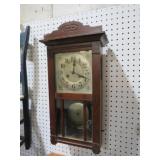 VTG WOOD CASE WALL CLOCK W/ KEY & PENDULUM