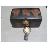 INDIAN CARVED WOOD BOX W/CARDINI WATCH