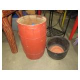 RED PAINTED NAIL KEG W/ CAST IRON POT
