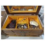 WOOD JEWELRY BOX W/ ESTATE JEWELRY