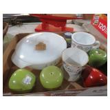 FIRE KING CASSEROLE DISH, WOOD APPLES , MISC
