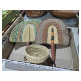 (2)AFRICAN BOLGA FANS W/ LEATHER HANDLES &GRASS BA