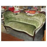 VICTORIAN GREEN PLEATED CARVED PARLOR SOFA