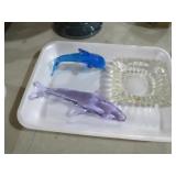 ART GLASS DOLPHINS, SHARK & ASHTRAY