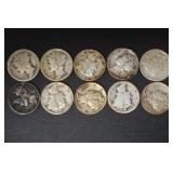 (10) MERCURY DIMES VARIOUS DATES & MM 90%