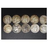 (10) MERCURY DIMES VARIOUS DATES & MM 90%