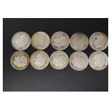 (10) ROOSEVELT DIMES VARIOUS DATES & MM 90%