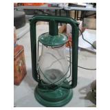 GREEN METAL BARN LANTERN W/ GLASS GLOBE