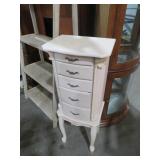 PAINTED WOOD 4DWR/2DR LIFT TOP JEWELRY CABINET