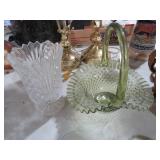 FENTON? GRN COLONIAL BASKET & 5TH AVE CRYSTAL VASE