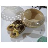 SIGNED NATIVE AMERICAN POTTERY BOWL & MOCCASINS