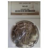 1991 1 OZ .999 SILVER EAGLE GRADED MS69