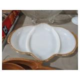 FIREKING MILKGLASS DIVIDED GOLD TRIM DISH