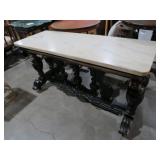 ORNATE WOOD BASE TABLE W/ MARBLE TOP