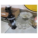 GLASS CAKE STAND, FOOTED BOWL & BOTTLE
