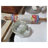 POTTERY ROLLING PIN & GLASS JAR