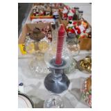 2 OIL LAMPS NO STACKS & OIL LAMP LIKE CANDLE STAND