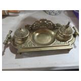 ANTIQUE ORNATE BRASS DBL INKWELL