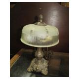 BRASS ORNATE BASE LAMP  W/ GLASS SHADE