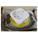 2 SILVER PLATE TRAYS, PLATE, COVERED DISH