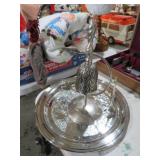 VTG ETCHED METAL BELL IN STAND W/ SILVEPLATE TRAY
