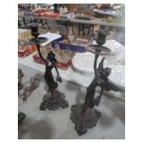 PAIR HEAVY BRONZE LIKE LADY FIGURAL CANDLEHOLDERS