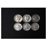 (6) MERCURY DIMES VARIOUS DATES & MM 90%